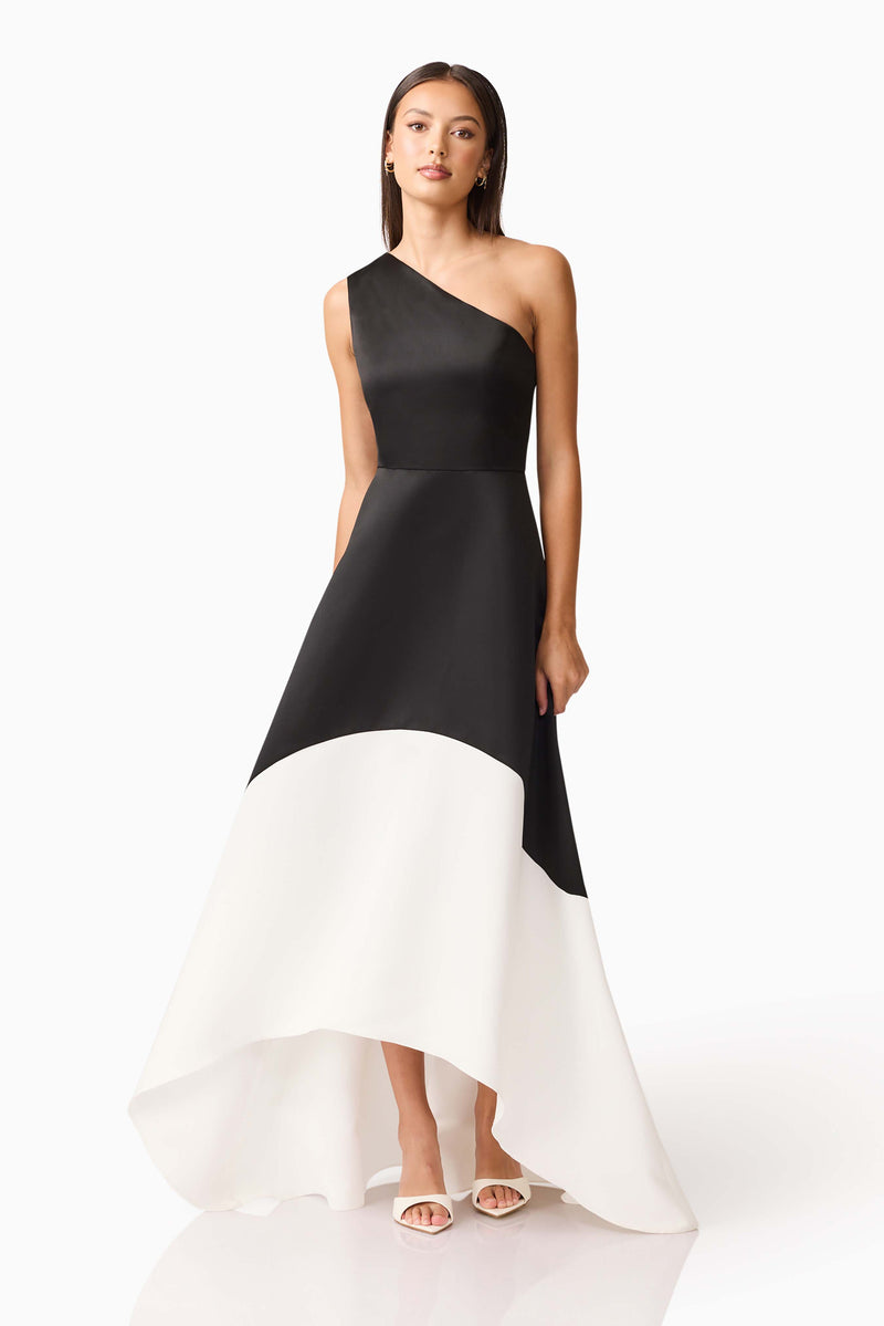 Brunette model wearing Sorrel One Shoulder Gown in Black & White close up shot