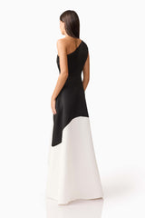 Brunette model wearing Sorrel One Shoulder Gown in Black & White back side shot