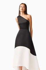 Brunette model wearing Sorrel One Shoulder Gown in Black & White close up shot
