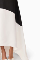 Brunette model wearing Sorrel One Shoulder Gown in Black & White detail shot