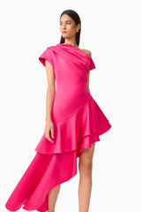 Brunette model wearing the Livia Asymmetrical Gown in Pink close up looking away shot