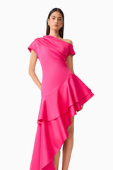 Brunette model wearing the Livia Asymmetrical Gown in Pink front close up shot