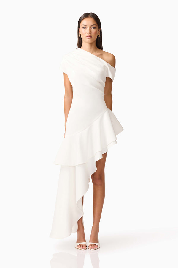 Brunette model wearing Livia Asymmetrical Gown in White front shot