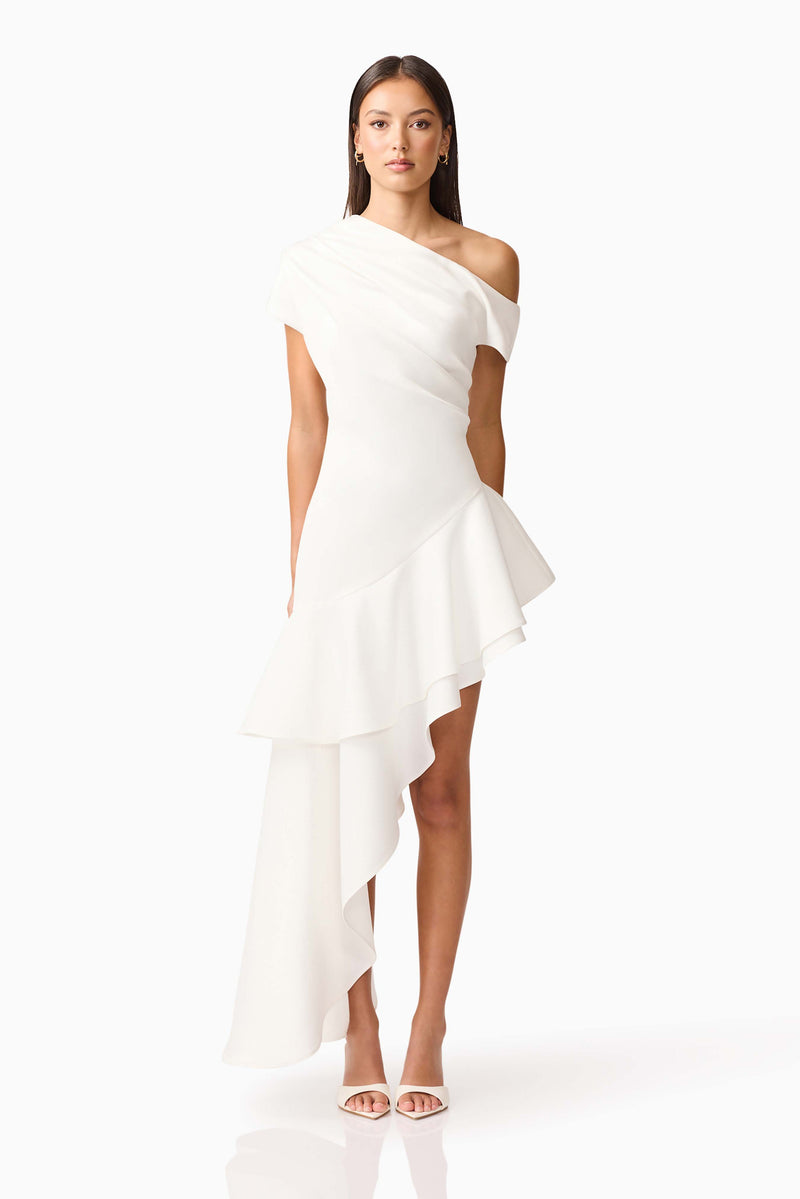 Brunette model wearing Livia Asymmetrical Gown in White front shot