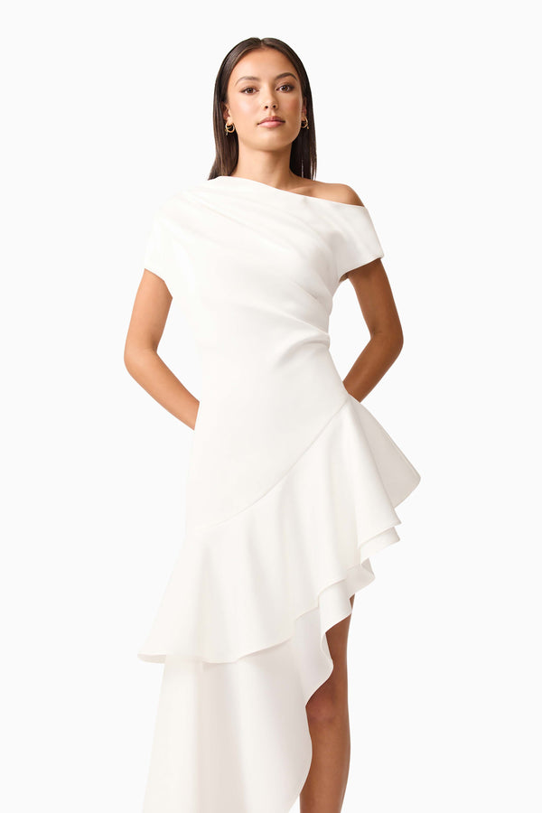 Brunette model wearing Livia Asymmetrical Gown in White close up posed shot