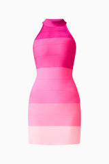 Florava Halter Mini Dress in Pink Ombre  with a collared halter neckline & double knit fabrication ghost shot