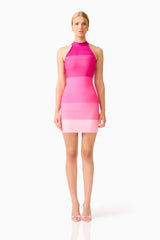 Florava Halter Mini Dress in Pink Ombre  with a collared halter neckline & double knit fabrication front shot