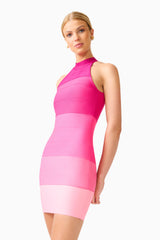 Florava Halter Mini Dress in Pink Ombre  with a collared halter neckline & double knit fabrication close up shot