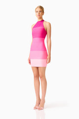 Florava Halter Mini Dress in Pink Ombre  with a collared halter neckline & double knit fabrication side shot