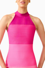 Florava Halter Mini Dress in Pink Ombre  with a collared halter neckline & double knit fabrication detail shot