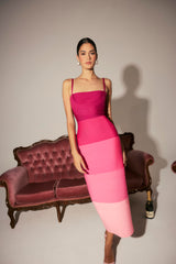 Model wearing the Florava Square Neck Line Gown in Pink Ombre to a semi floral lunch