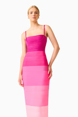 Florava Square Neck Line Gown in Pink Ombre with bodycon silhouette & double knit fabrication close up shot
