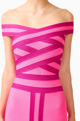 Florava Off Shoulder Midi Dress in Pink Ombre detail shot