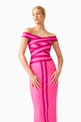 Florava Off Shoulder Midi Dress in Pink Ombre close up posed shot
