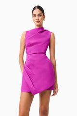 Lioris Mini Dress in Purple sleeveless asymmetric high neckline close up shot