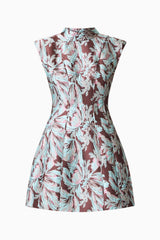 Bloomia Tulip Mini Dress in Brown & Blue Floral with a high neckline and sleeveless design ghost shot