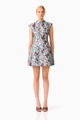 Bloomia Tulip Mini Dress in Brown & Blue Floral with a high neckline and sleeveless design front shot