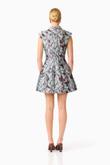 Bloomia Tulip Mini Dress in Brown & Blue Floral with a high neckline and sleeveless design back shot