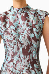 Bloomia Tulip Mini Dress in Brown & Blue Floral with a high neckline and sleeveless design detail shot