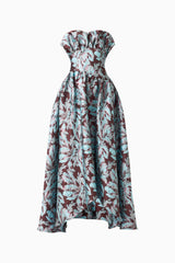 Bloomia A-Line Gown in Brown & Blue Floral with strapless neckline & jacquard fabrication ghost shot