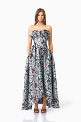 Bloomia A-Line Gown in Brown & Blue Floral with strapless neckline & jacquard fabrication front shot