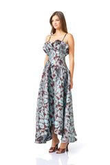 Bloomia A-Line Gown in Brown & Blue Floral with strapless neckline & jacquard fabrication side shot
