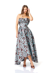 Bloomia A-Line Gown in Brown & Blue Floral with strapless neckline & jacquard fabrication posed shot