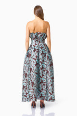 Bloomia A-Line Gown in Brown & Blue Floral with strapless neckline & jacquard fabrication back shot