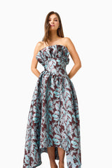 Bloomia A-Line Gown in Brown & Blue Floral with strapless neckline & jacquard fabrication close up shot