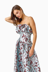 Bloomia A-Line Gown in Brown & Blue Floral with strapless neckline & jacquard fabrication close up detail shot