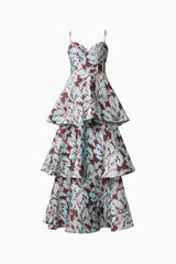 Bloomia Tiered Gown in Brown & Blue Floral with sweetheart neckline & jacquard fabrication ghost shot