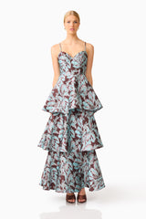 Bloomia Tiered Gown in Brown & Blue Floral with sweetheart neckline & jacquard fabrication front shot