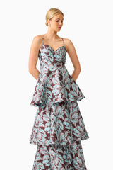 Bloomia Tiered Gown in Brown & Blue Floral with sweetheart neckline & jacquard fabrication close up shot