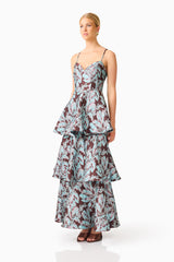 Bloomia Tiered Gown in Brown & Blue Floral with sweetheart neckline & jacquard fabrication side shot