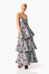 Bloomia Tiered Gown in Brown & Blue Floral with sweetheart neckline & jacquard fabrication posed shot