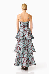 Bloomia Tiered Gown in Brown & Blue Floral with sweetheart neckline & jacquard fabrication back shot