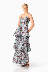 Bloomia Tiered Gown in Brown & Blue Floral with sweetheart neckline & jacquard fabrication posed shot