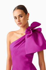 Lioris Assmmetric Mini Dress in Purple asymmetric one shoulder close up shot