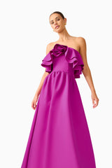 Lioris Ruffled Gown in Purple strapless straight neckline posed shot