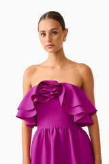 Lioris Ruffled Gown in Purple strapless straight neckline close up shot