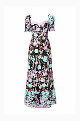 Veloria Short Sleeve Gown in Black & Pastel Floral with sweetheart neckline ghost shot 