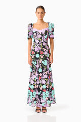 Veloria Short Sleeve Gown in Black & Pastel Floral with sweetheart neckline front shot 