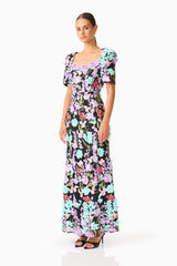 Veloria Short Sleeve Gown in Black & Pastel Floral with sweetheart neckline side shot 