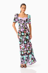 Veloria Short Sleeve Gown in Black & Pastel Floral with sweetheart neckline posed shot 