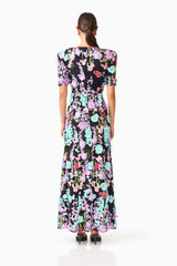 Veloria Short Sleeve Gown in Black & Pastel Floral with short sleeves back shot 