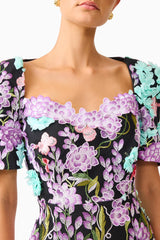 Veloria Short Sleeve Gown in Black & Pastel Floral with sweetheart neckline detail shot 