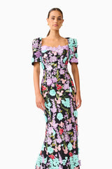 Veloria Short Sleeve Gown in Black & Pastel Floral with sweetheart neckline close up shot 