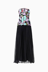 Veloria A-line Gown in Black & Pastel Floral with floral embroidery & strapless neckline ghost shot