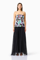 Veloria A-line Gown in Black & Pastel Floral with floral embroidery & strapless neckline front shot
