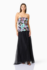 Veloria A-line Gown in Black & Pastel Floral with floral embroidery & strapless neckline posed shot